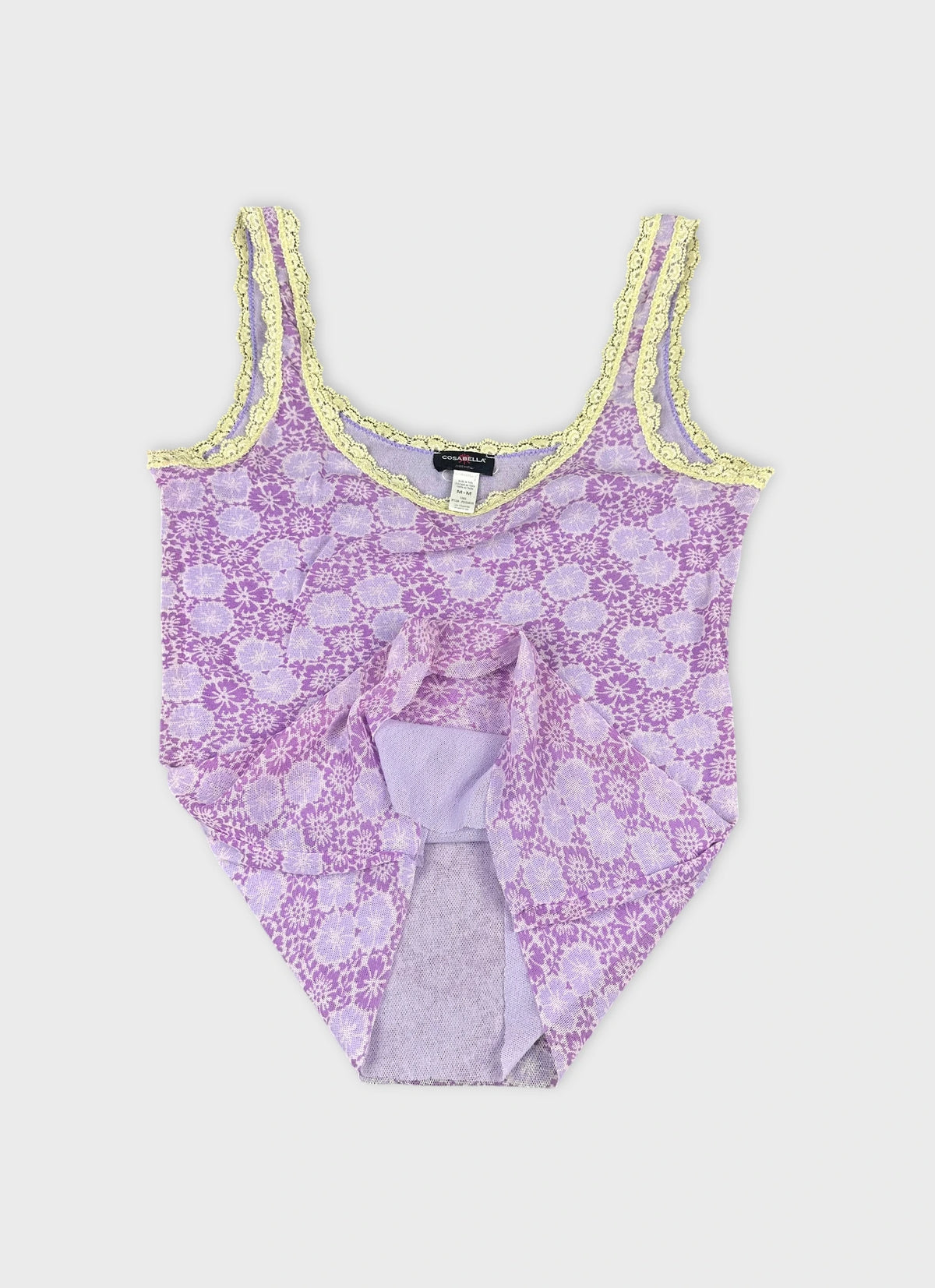 Detail view of a purple floral print women's top with lace trim.