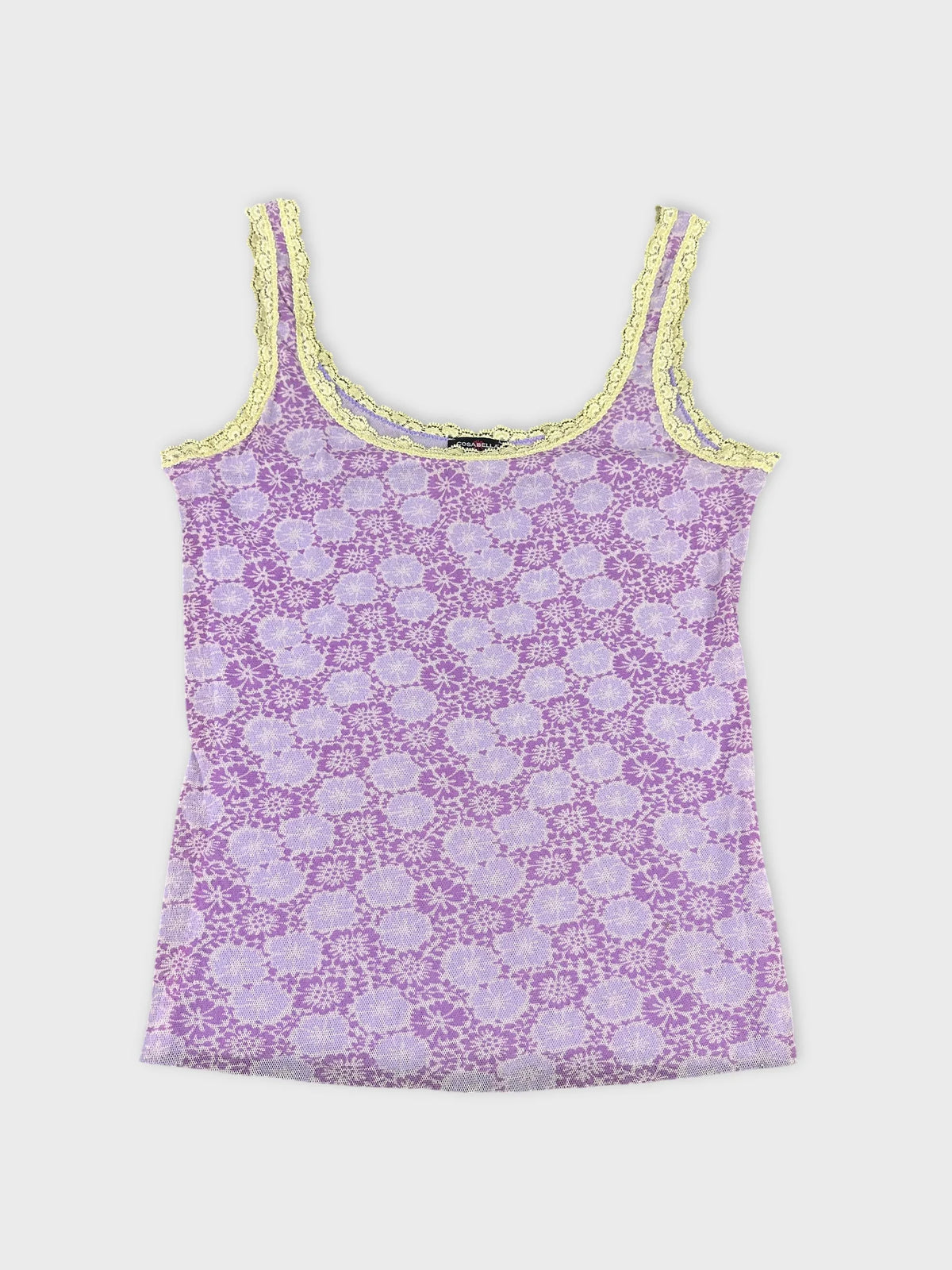 Front view of a lavender floral tank top with lace trim.