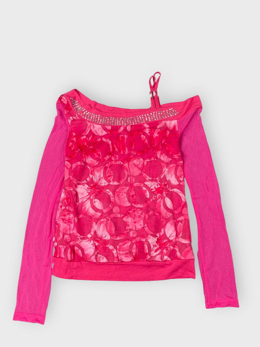 front view, Y2K pink rhinestone mesh sheer top, vintage Y2K second hand piece