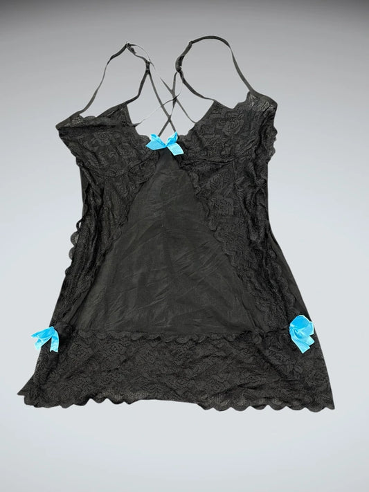 Black Lace Slip Dress with Blue Bows (XS)