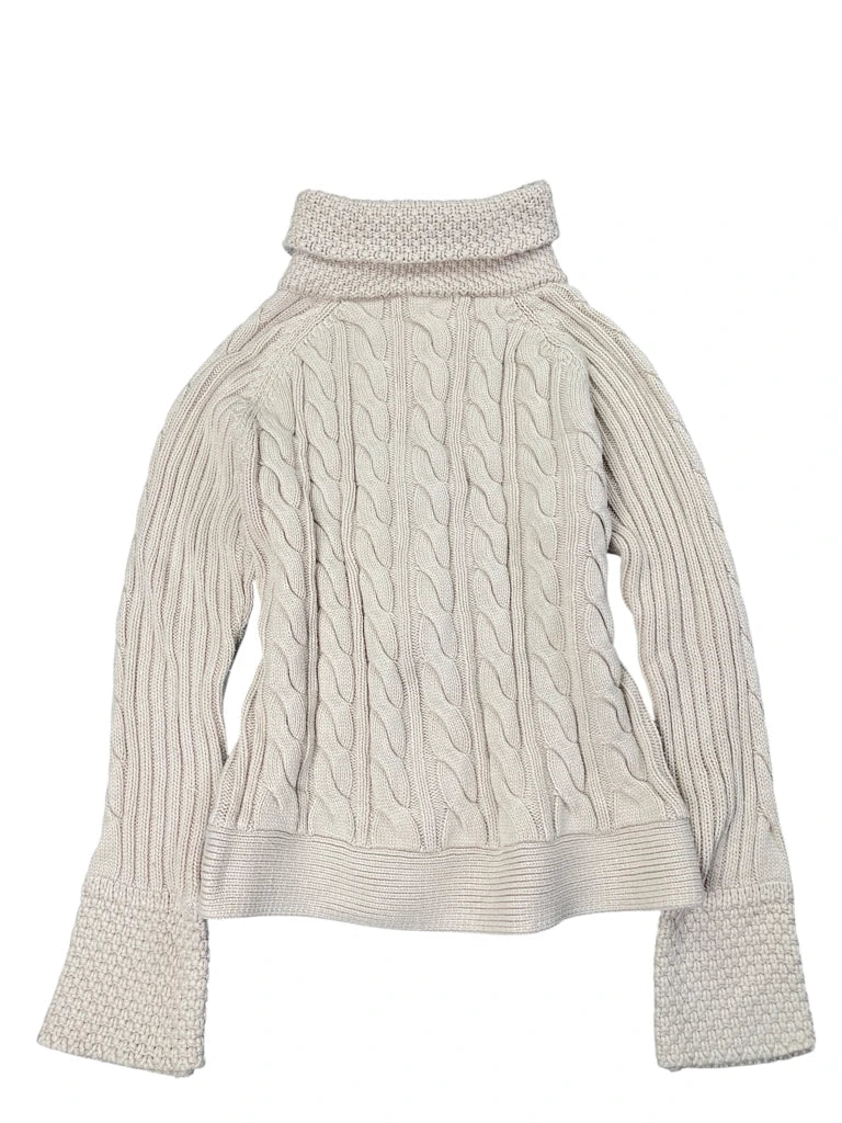 Beige High-Collar Wool Blend Cable Knit Sweater (L)