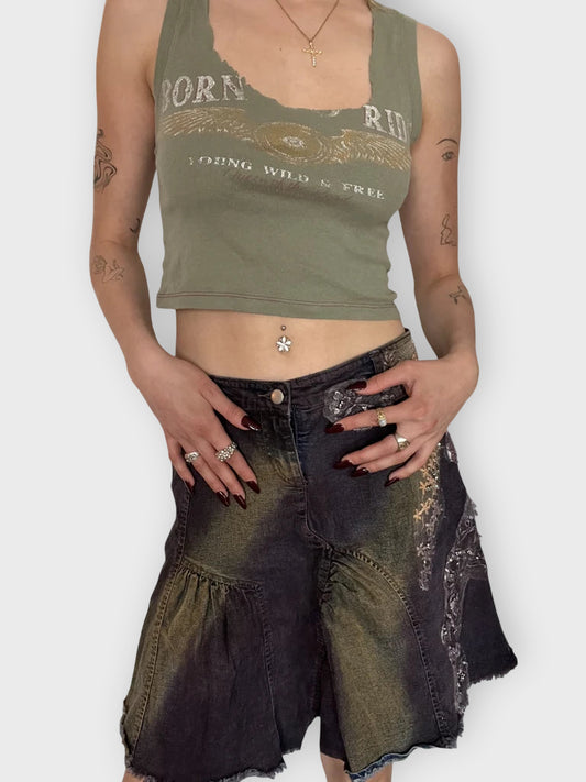 Blue Washed Midi Skirt with Silver Detail (M)