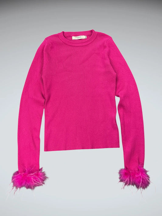 Hot Pink Knit Sweater with Feather Cuffs (XS)