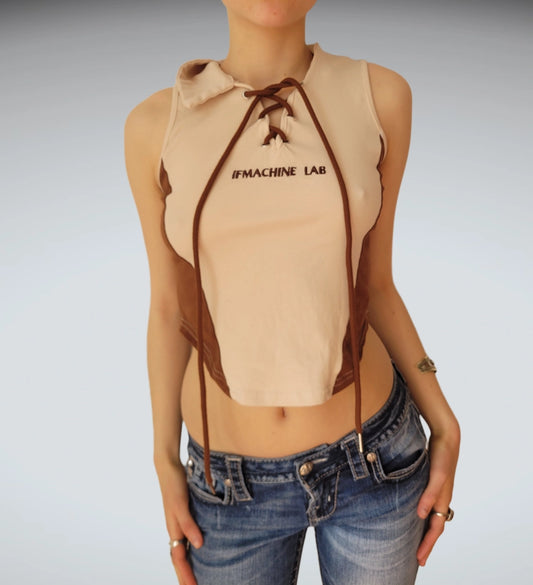 Two Tone Lace Up Crop Top Brown Beige (S)