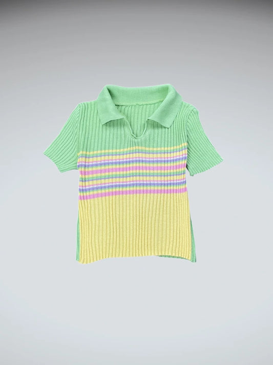Pastel Green Multicolor Striped Polo Knit Top (XS)