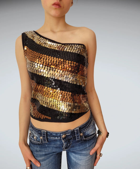Striking One-Shoulder Sequin Top Black Gold Bronze Stripes (S)