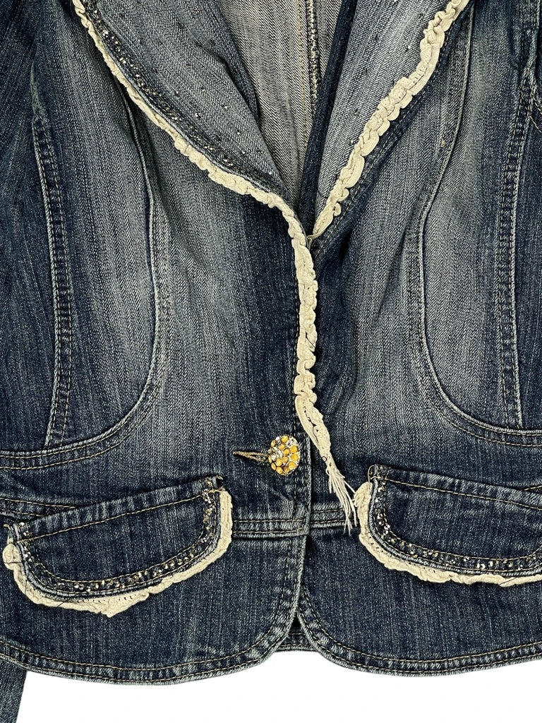 Shiny Denim Blazer with Lace Trim (XS)