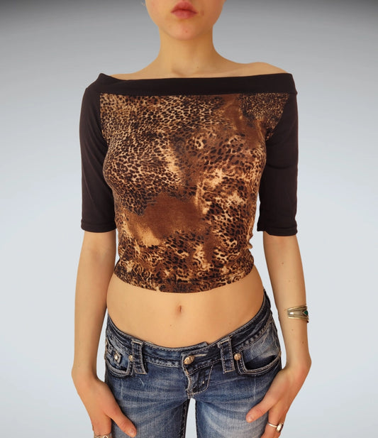 Leopard Print Off Shoulder Crop Top (XS)