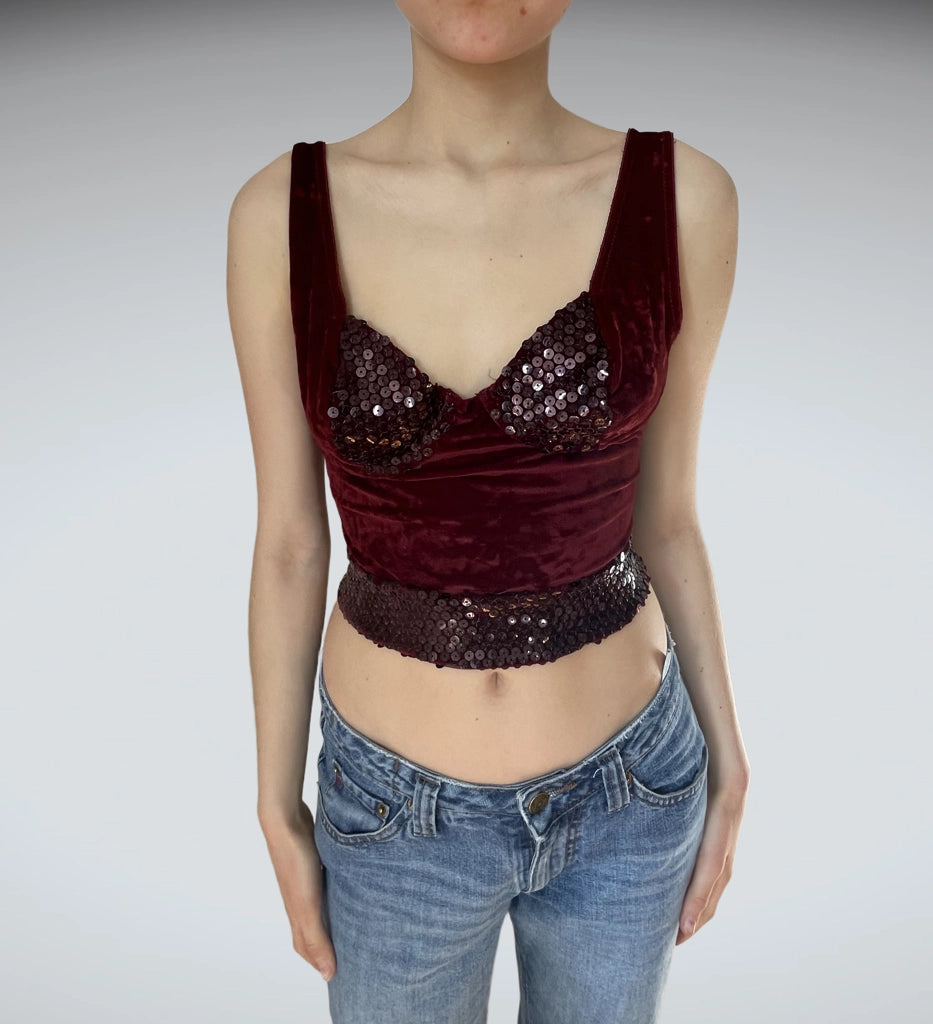 Deep Red Velvet Sequin Bustier Crop Top Party Vintage (XS)