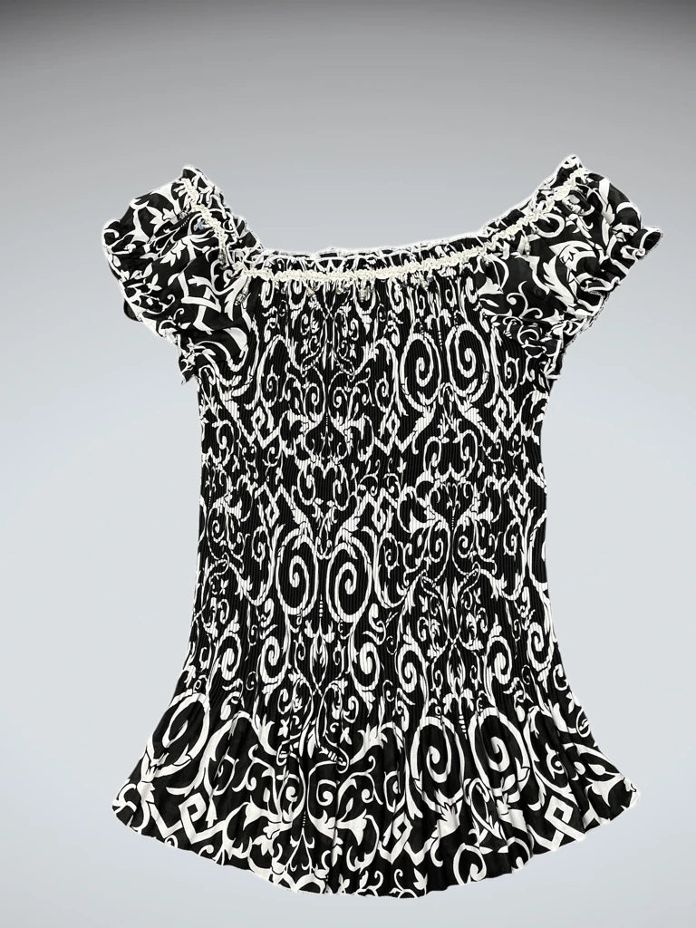 Black White Paisley Off-Shoulder Boho Top (S)