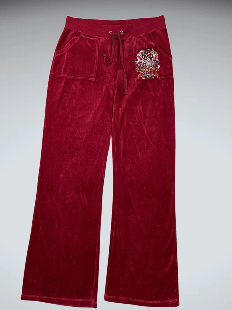 Burgundy Velour Flare Pants with Rhinestone Crest (L)