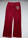 Burgundy Velour Flare Pants with Rhinestone Crest (L)