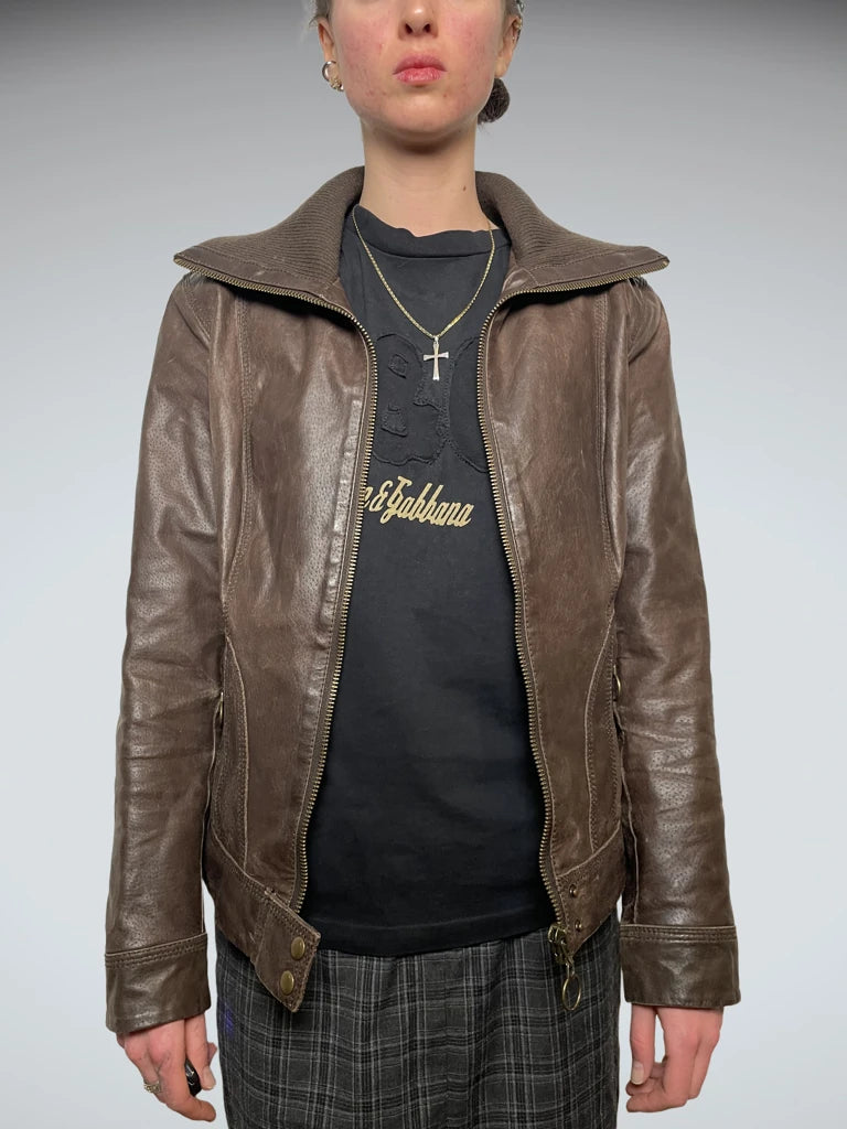 brown leather jacket