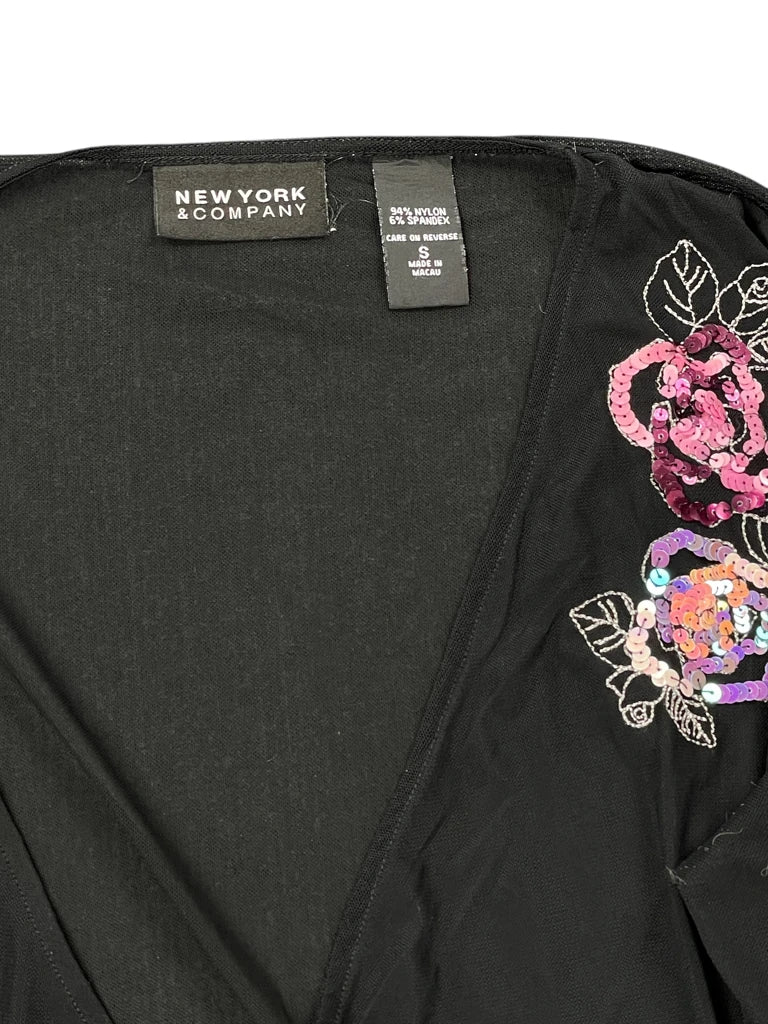 New York & Company Black V-Cut Floral Embellished Top (S)