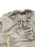 Grey Ruffled Button-Up Blouse with Lace Trim (L)
