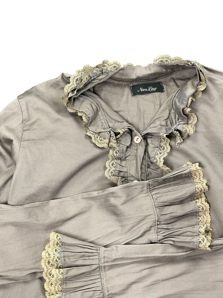 Grey Ruffled Button-Up Blouse with Lace Trim (L)