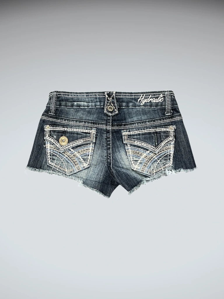 Hydraulic Dark Wash Embroidered Pocket Hotpants (S)