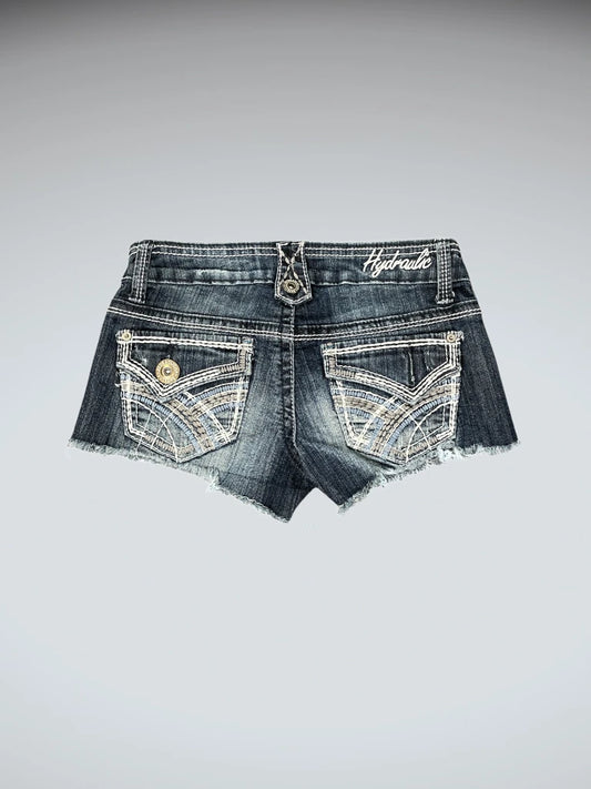 Hydraulic Dark Wash Embroidered Pocket Hotpants (S)