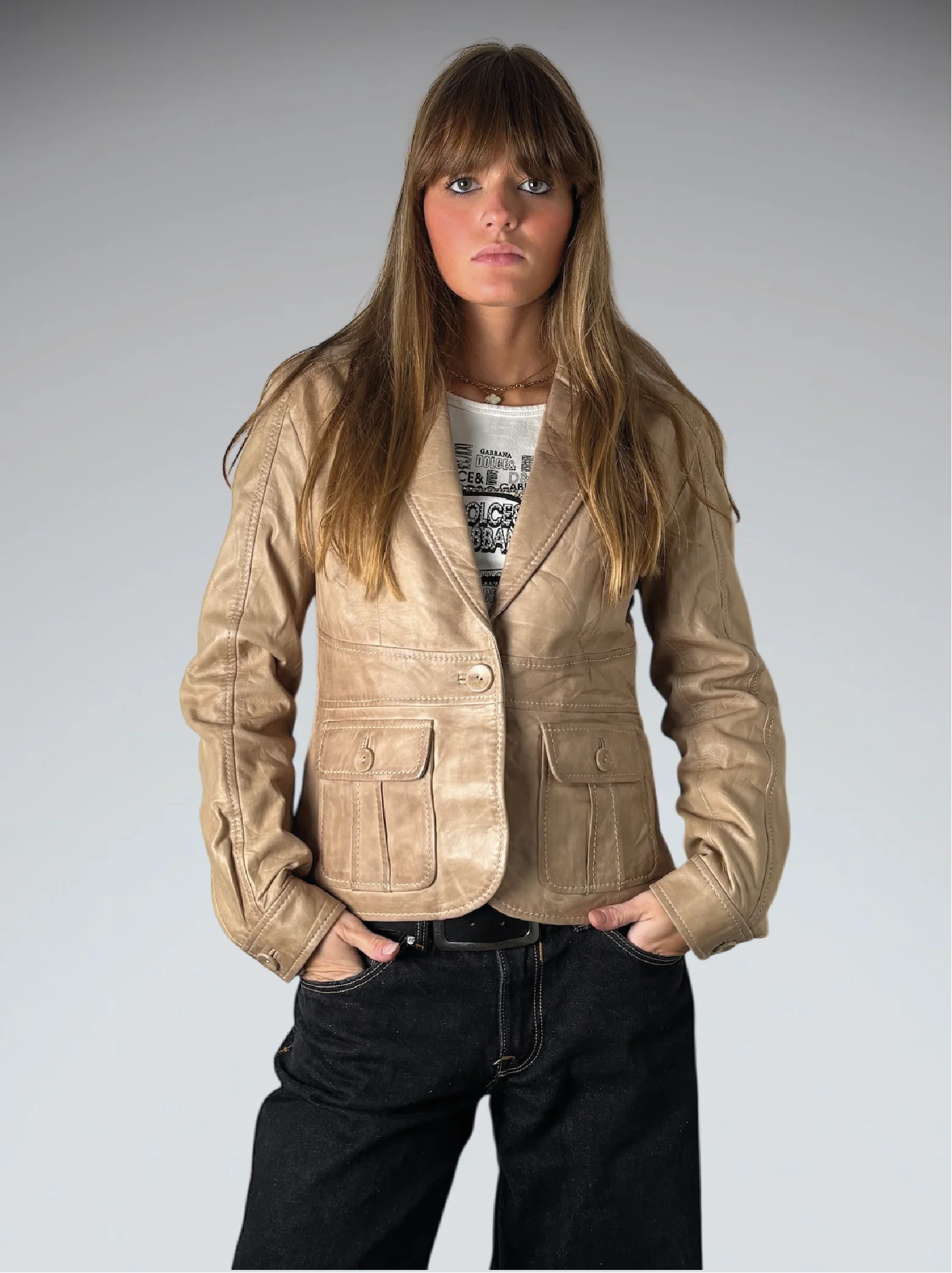 Selections Beige Genuine Leather Blazer Women (M)