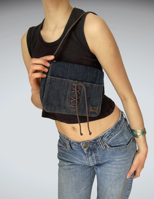 Guess Denim Lace-Up Shoulder Bag Dark Wash Vintage Aesthetic (ONESIZE)