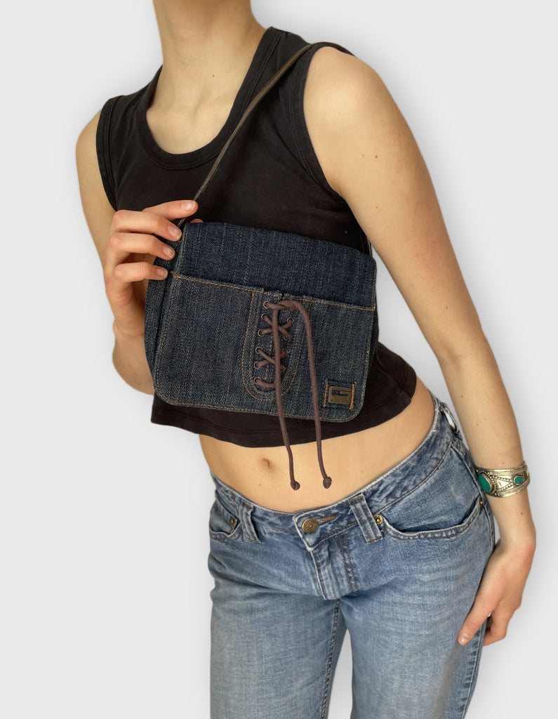 Guess Denim Lace-Up Shoulder Bag Dark Wash Vintage Aesthetic (ONESIZE)