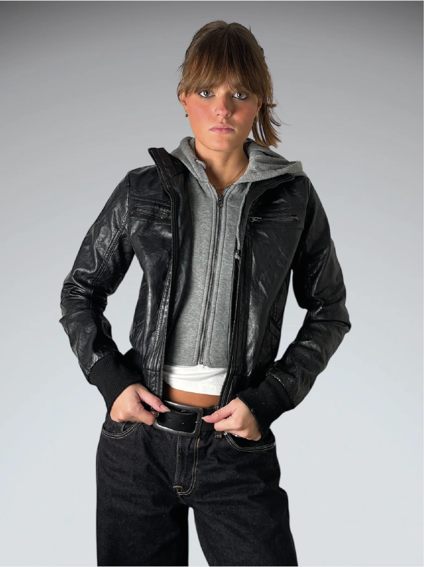 Maralyn & Me Black Faux Leather Hooded Jacket Women (M)
