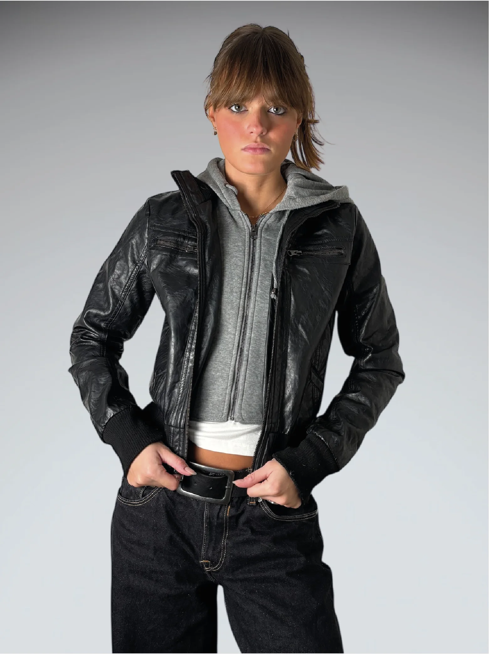 Maralyn & Me Black Faux Leather Hooded Jacket Women (M)