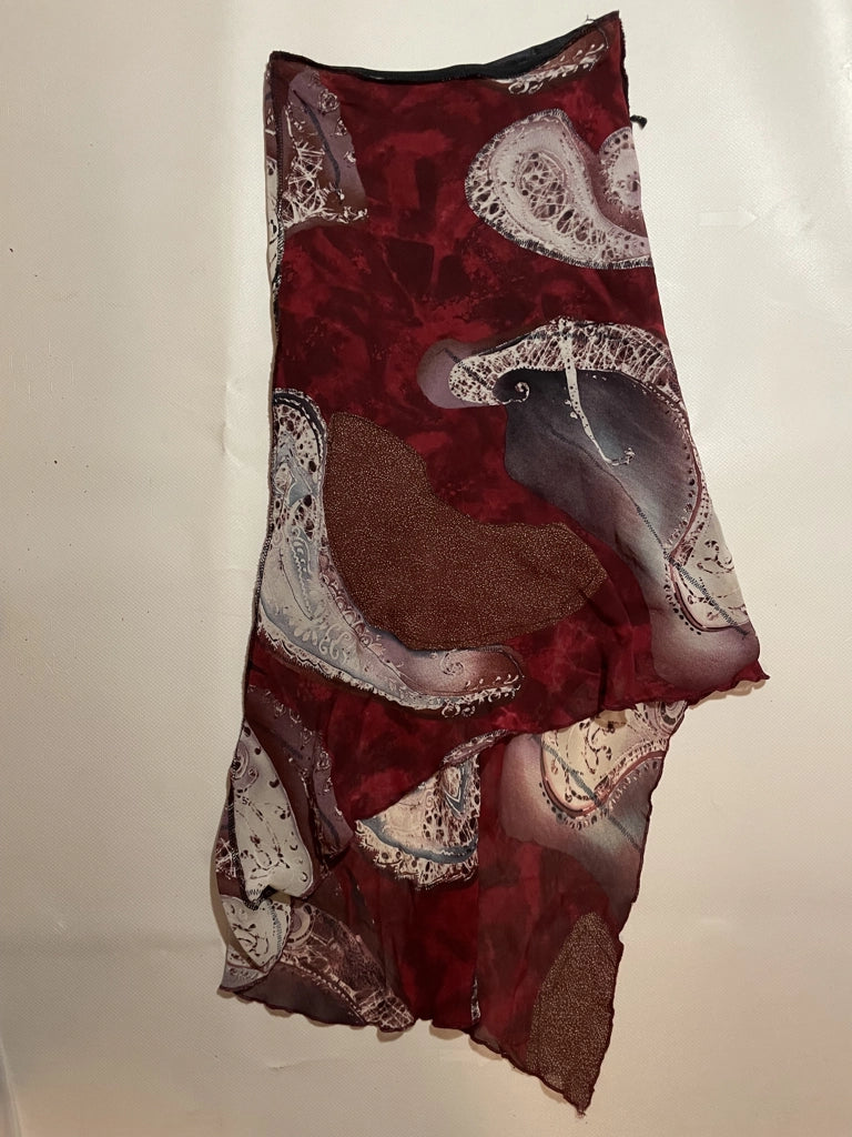 Romantic Burgundy Mesh Midi Skirt Low Rise Asymmetric Hem (XS)