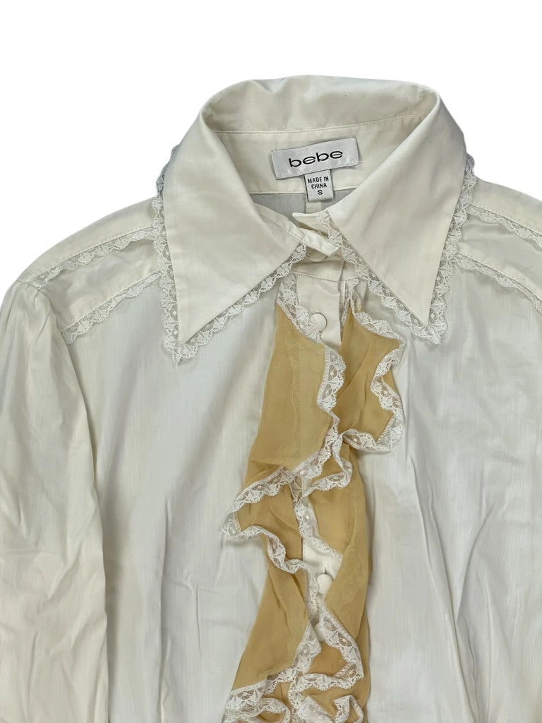 Bebe White & Cream Ruffle Sleeve Statement Blouse (S)