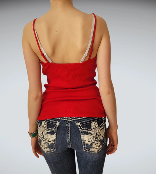 Red Lace Trim Ribbed Camisole (M)