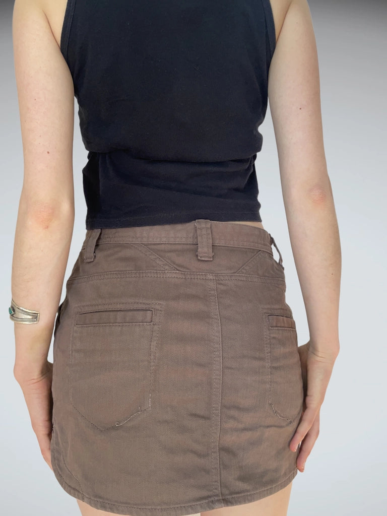 Y2K Chocolate Brown Mini Skirt Low Rise Sisley Grunge (M)