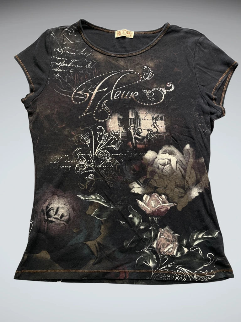 Black Y2K Gothic Print Top (M)