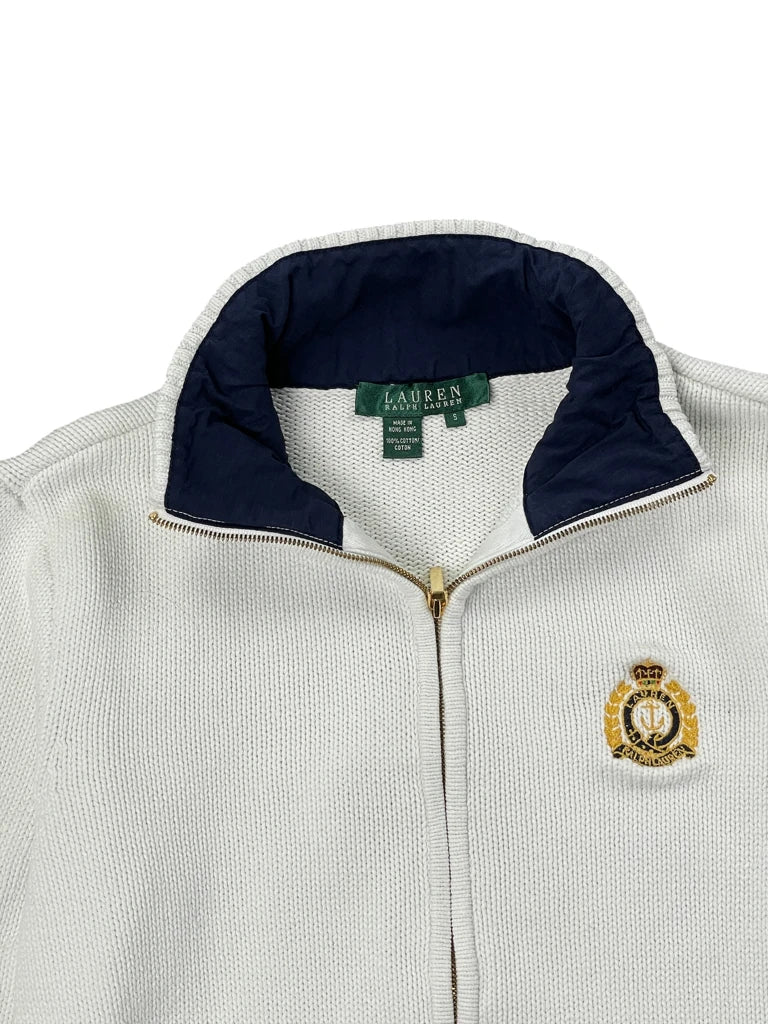 White Polo Ralph Lauren Full-Zip Sweater with Crest Embroidery (S)