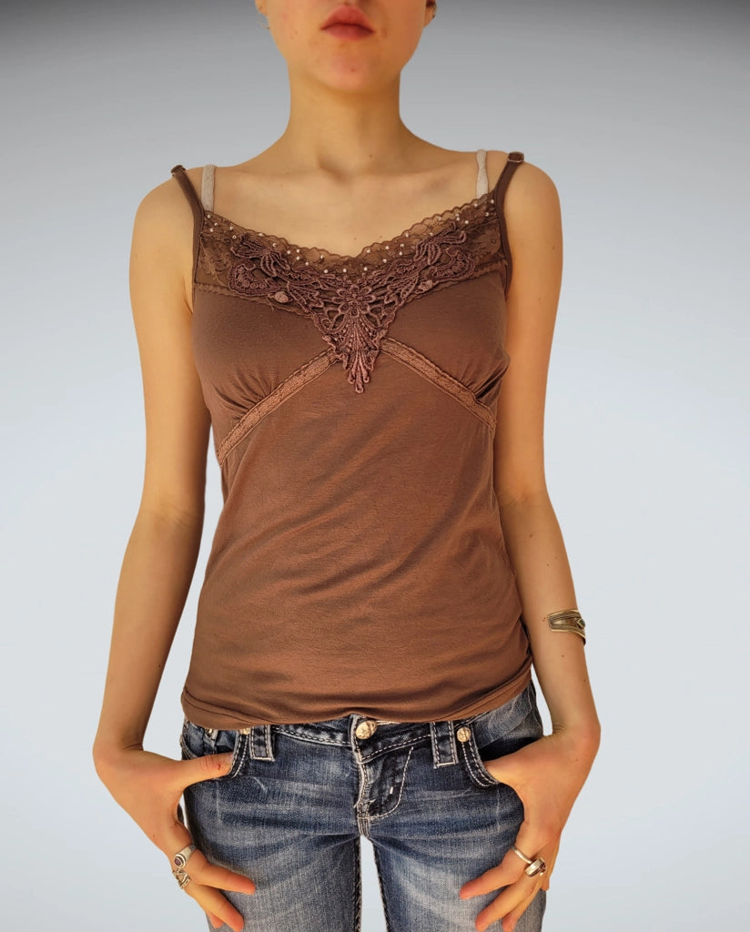 Brown Lace Detail Camisole Top (M)