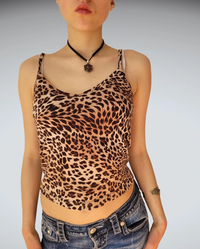 Seductive Leopard Print Cowl Neck Camisole Cropped Fit (S)