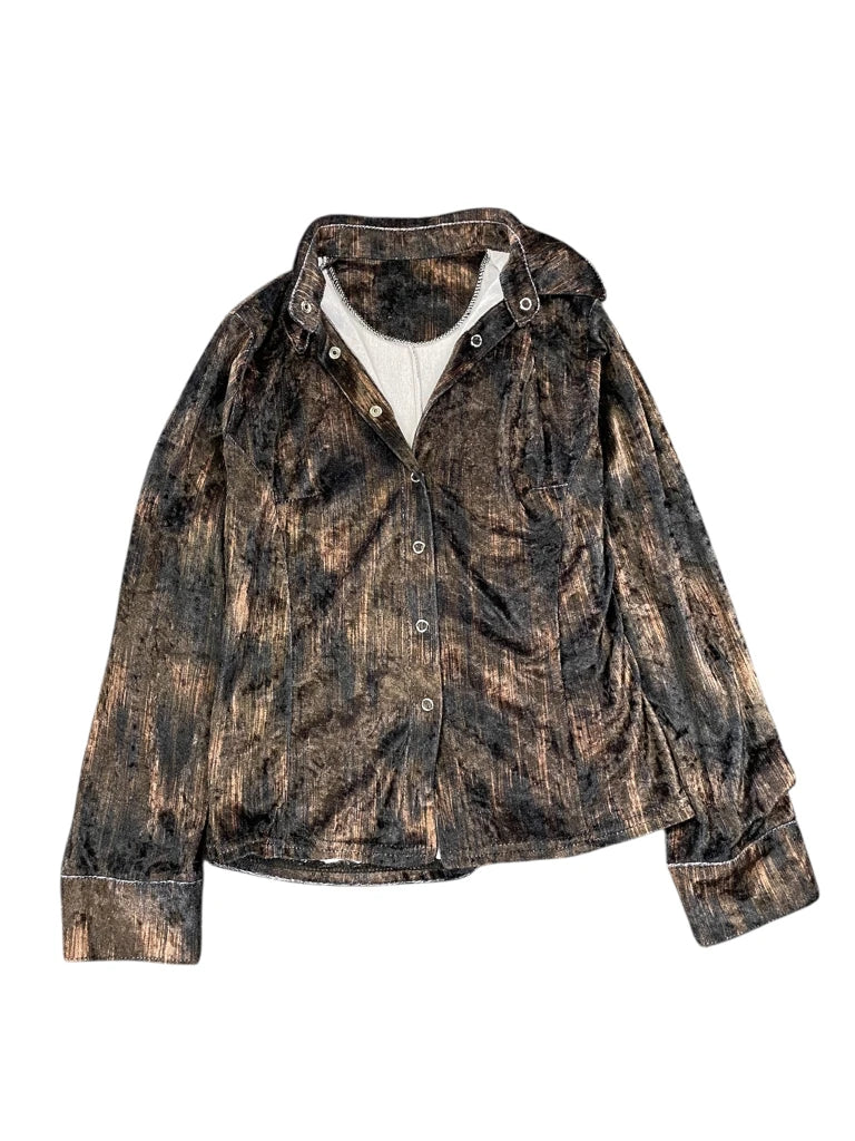 Brown and Black Abstract Velvet Button-Up Shirt (L)