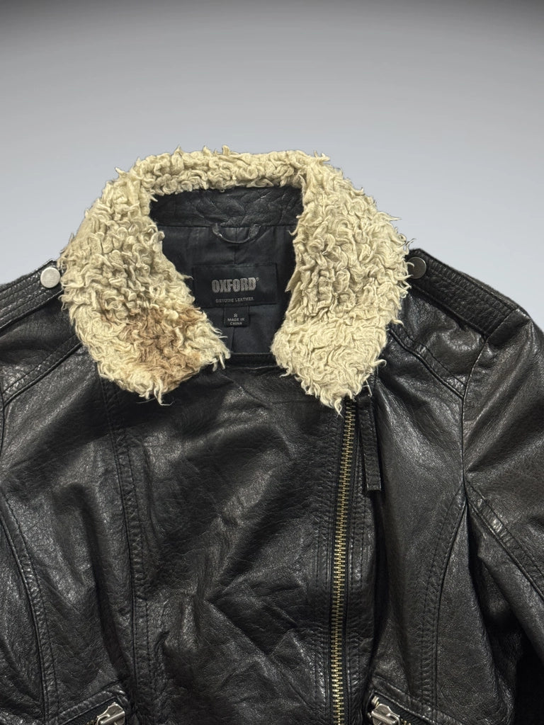Oxford Black Fur Neck Leather Jacket (S)