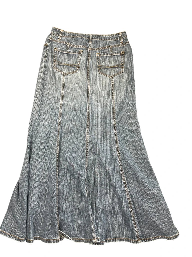 Long Blue Denim Skirt with Panel Design (S)
