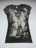 Black Y2K Butterfly Graphic Tee with Rhinestone Detail (M)