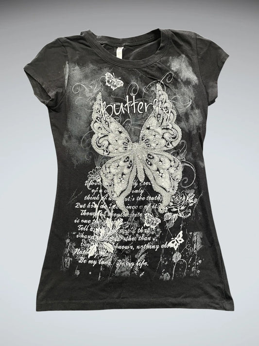 Black Y2K Butterfly Graphic Tee with Rhinestone Detail (M)