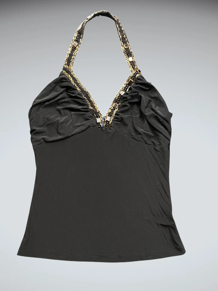 Black Halter Top with Stone Embellished Neckline (S)