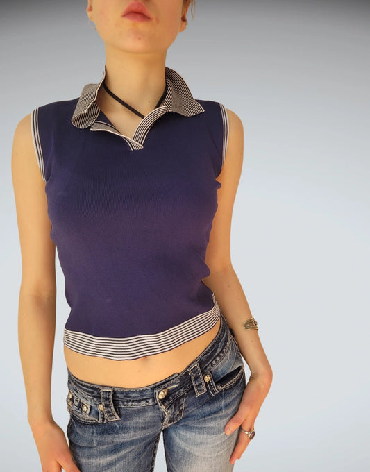 Navy Ribbed Polo Crop Top (S)
