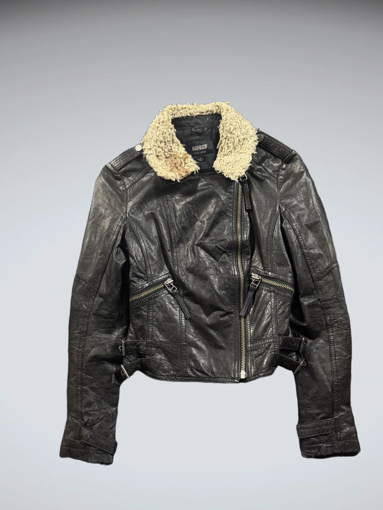 Oxford Black Fur Neck Leather Jacket (S)