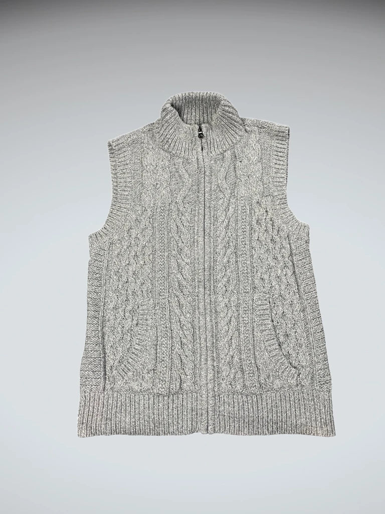 Grey Sleeveless Cable Knit Zip Vest (M)