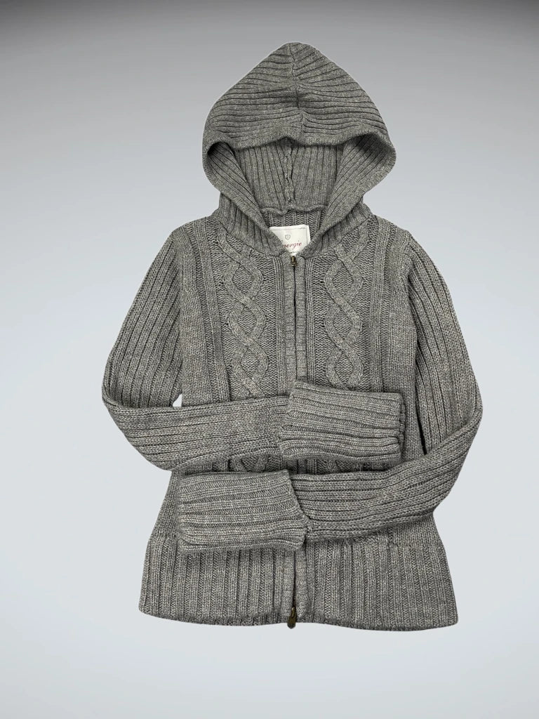 Grey Hooded Cable Knit Zip Sweater (M)