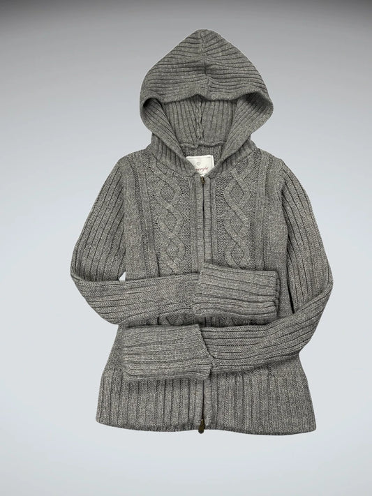 Grey Hooded Cable Knit Zip Sweater (M)
