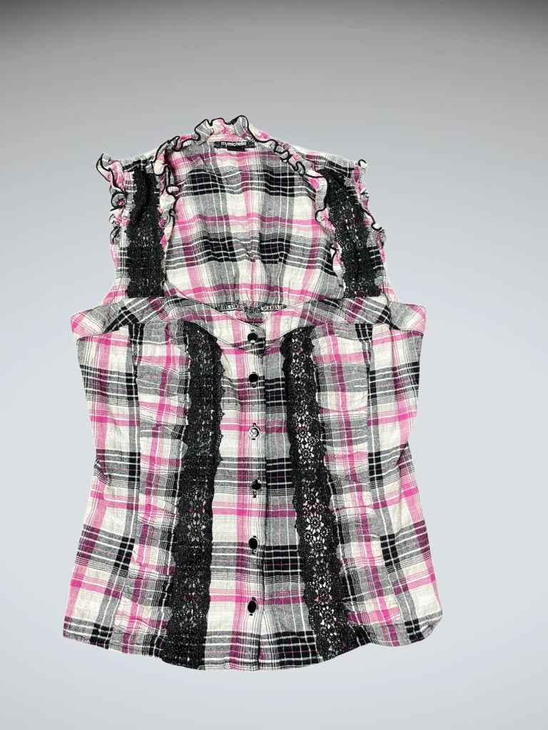 Pink Check Blouse mit Spitze (L)