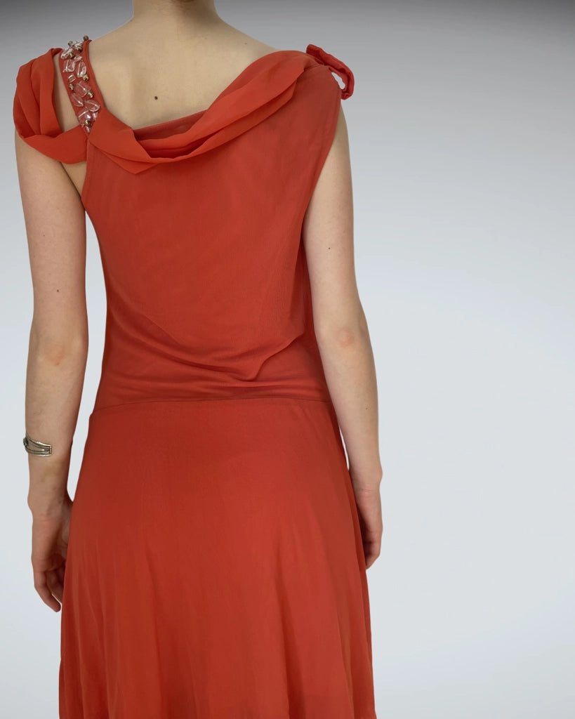 Vibrant Orange Pleated Asymmetric Mini Dress Joops! Glam (S)