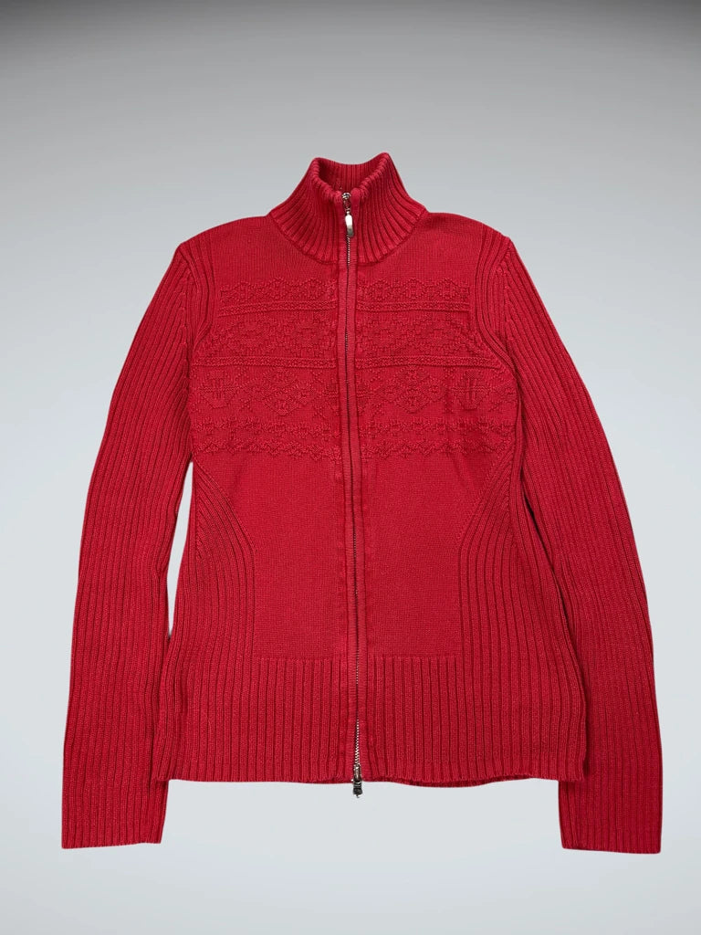 Red Ribbed Knit Sweater with Subtle Pattern (M)