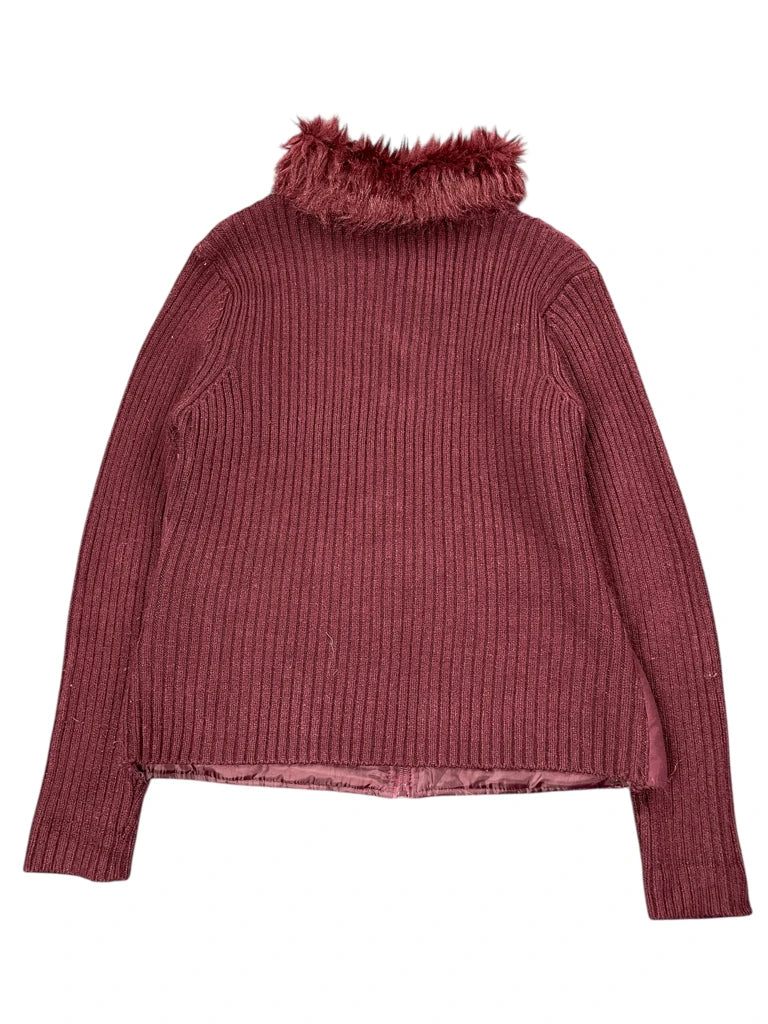 Effeel Burgundy Faux Fur Collar Sweater Jacket (L)